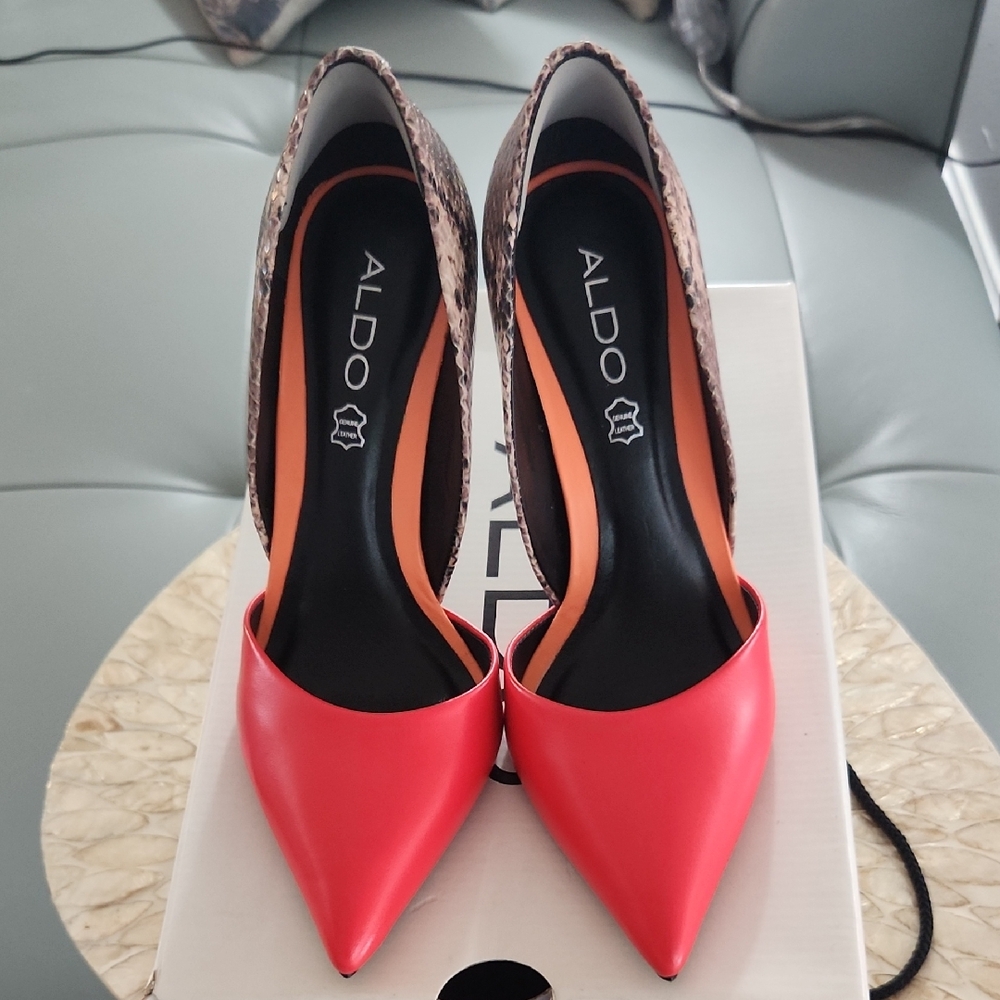 Aldo Vibrant Red Leather and Genuine Snakeskin Heels